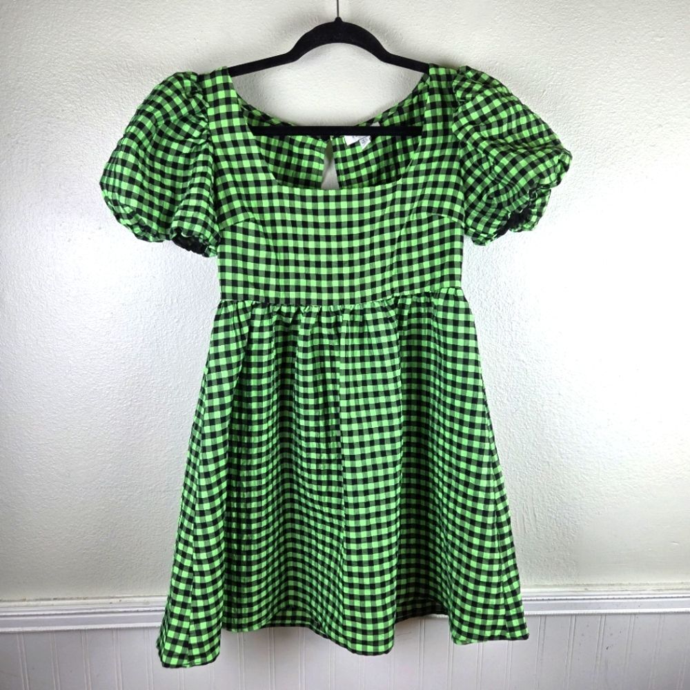 Women's Topshop Green Checkered Gungam Short Mini Babydoll Dress 02